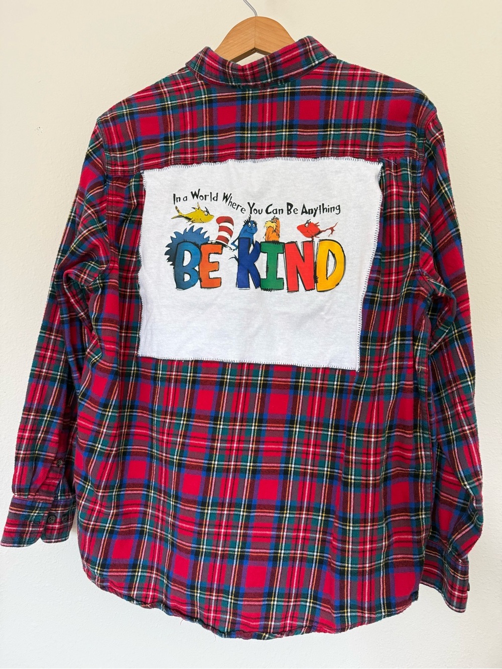 Faded Glory Red, Green, & Blue Flannel Button-Down Shirt with 'Be Kind' Graphic
